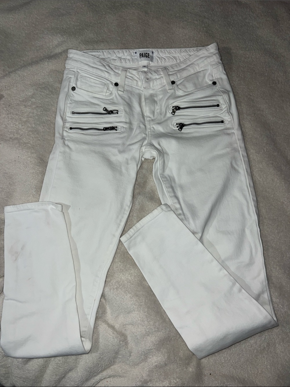 PAIGE Edgemont White Slim Jeans with Silver Zipper Accents